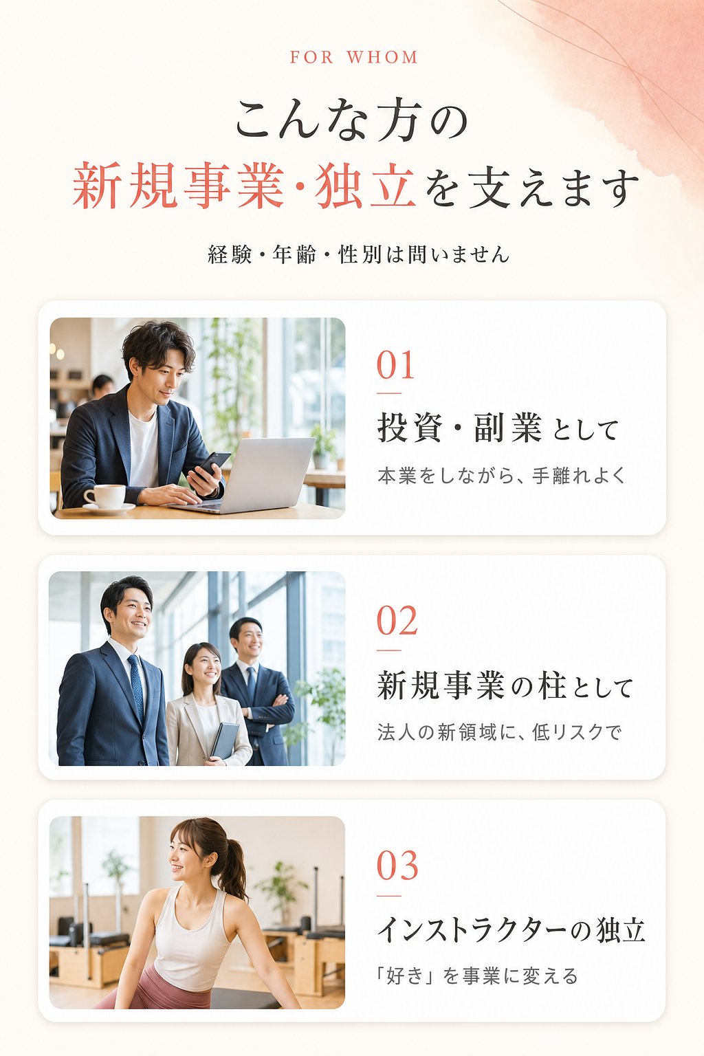 こんな方の新規事業・独立を支えます。経験・年齢・性別は問いません。01 投資・副業として（本業をしながら、手離れよく）／02 新規事業の柱として（法人の新領域に、低リスクで）／03 インストラクターの独立（「好き」を事業に変える）。