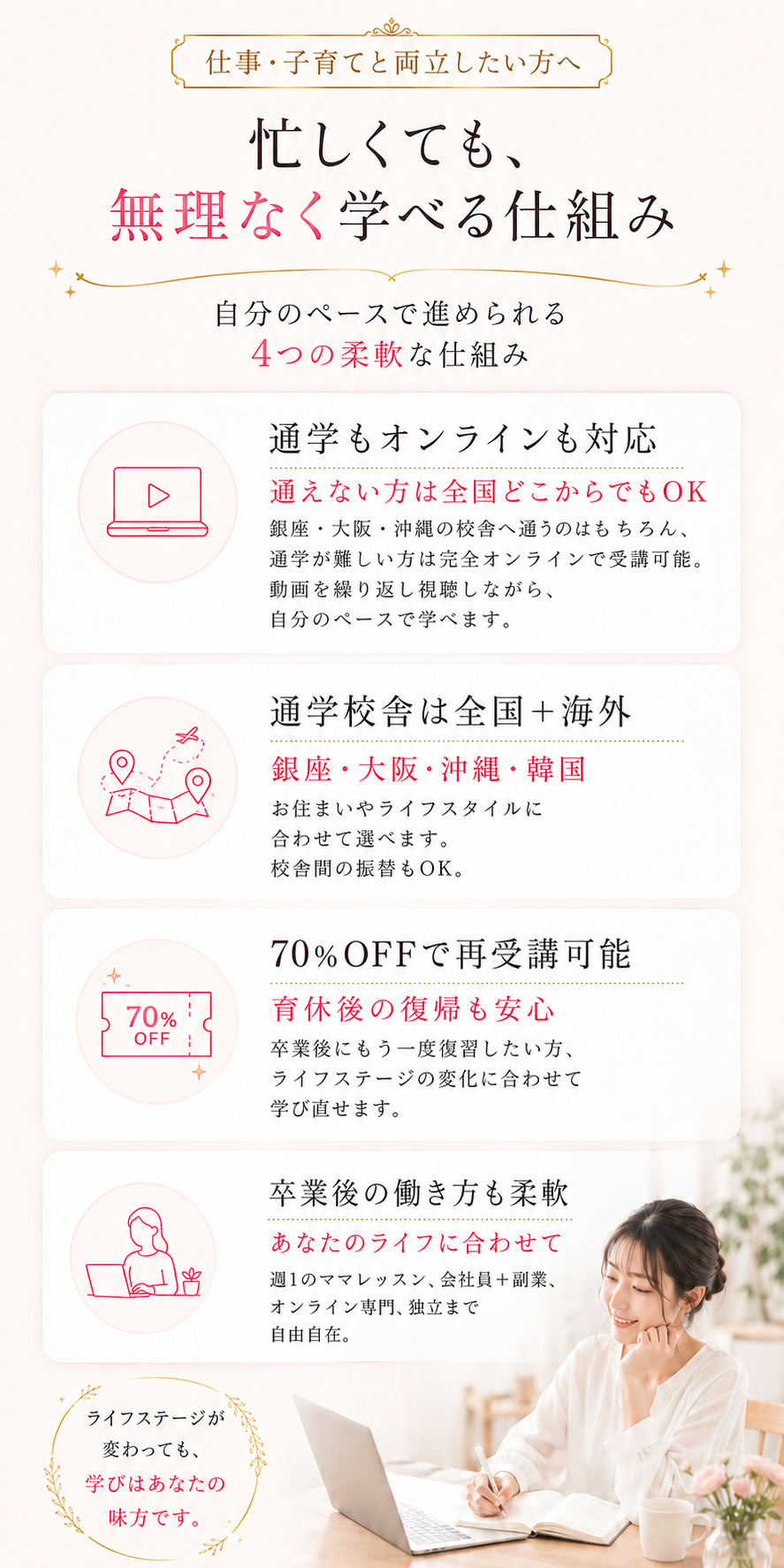 仕事・子育てと両立したい方へ。忙しくても、無理なく学べる仕組み。自分のペースで進められる4つの柔軟な仕組み：完全オンライン対応（全国どこからでも受講OK）、通学校舎は全国+海外（銀座・大阪・沖縄・韓国）、70%OFFで再受講可能（育休後の復帰も安心）、卒業後の働き方も柔軟。