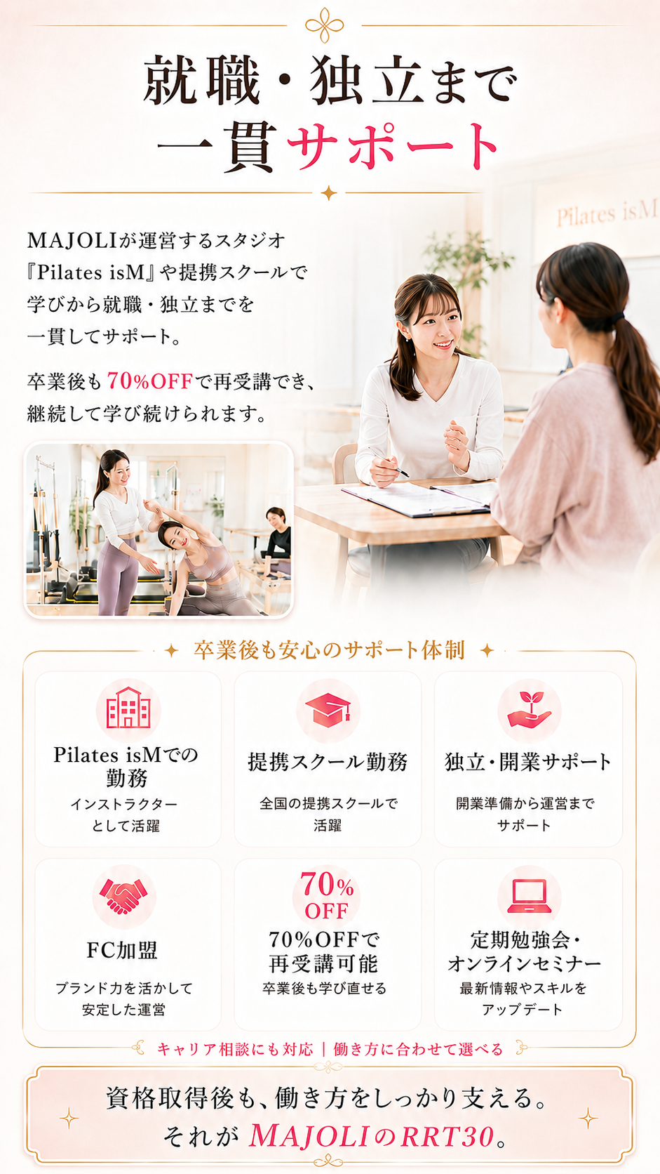 就職・独立まで一貫サポート。MAJOLIが運営するスタジオ「Pilates isM」や提携スクールでの勤務、独立・開業に対応。FC加盟で開業も可能、卒業後も70%OFFで再受講可能、定期勉強会・オンラインセミナーまで。卒業後も安心のサポート体制：Pilates isMでの勤務、提携スクール勤務、独立・開業サポート、FC加盟、70%OFF再受講制度、定期勉強会・オンラインセミナー。資格取得後も、働き方までしっかり支える。それがMAJOLIのRRT30。